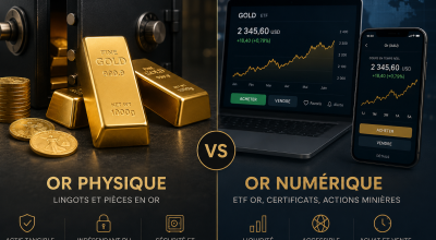 Comparaison entre l'or physique conservé dans une salle des coffres sécurisée et l'or en bourse via ETF, illustrant les différences entre stockage en chambre forte et investissement numérique.