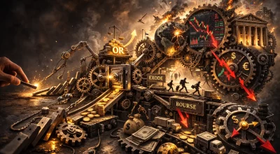 Illustration d’un mécanisme complexe de rouages en réaction en chaîne symbolisant l’impact d’un conflit armé sur la bourse, l’or, les marchés financiers et l’économie mondiale