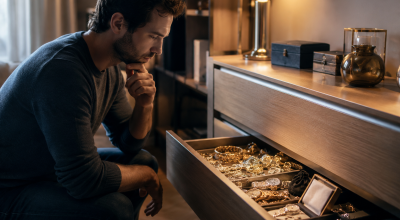 Personne réfléchissant devant un tiroir rempli de bijoux à son domicile avant de choisir entre un coffre bancaire ou un coffre-fort privé pour protéger ses objets de valeur.