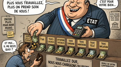 dessin cartoon satirique d’un gouvernement qui prélève de multiples taxes sur un citoyen avec des étiquettes impôt tva cotisations sociales