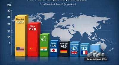 "Graphique du PIB mondial par pays en 2026 en trillions de dollars, incluant les principales économies comme les États-Unis, la Chine, l’Inde, le Japon et l’Allemagne"