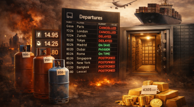 Scène illustrant une crise économique avec hausse du prix du gaz, vols annulés sur panneau d’aéroport, navire de transport perturbé et quelques pièces d’or stockées en coffre sécurisé à Genève