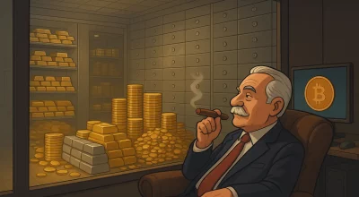 Homme âgé et riche fumant un cigare dans un fauteuil, observant une immense salle des coffres remplie de lingots d’or, pièces d’argent et crypto-monnaies sur un écran.