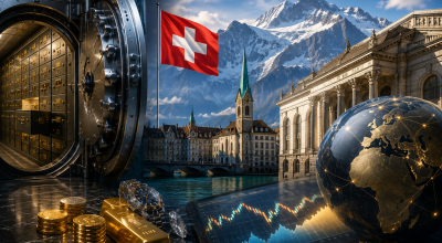 La Suisse, coffre-fort du monde, avec un coffre sécurisé, des lingots d'or, une banque suisse et les Alpes symbolisant la protection du patrimoine.