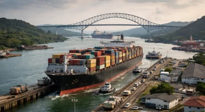 Photo aérienne d’un cargo naviguant dans les écluses du canal de Panama, entouré de collines verdoyantes et de bateaux-tug, avec le pont des Amériques en arrière-plan