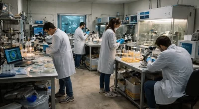 Laboratoire de biohacking semi professionnel avec tests génétiques réalisés par des techniciens en tenue incomplète dans un environnement hors normes strictes