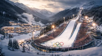 Site des jeux olympiques d’hiver en montagne illustrant les enjeux économiques et climatiques liés à l’organisation des grandes compétitions sportives