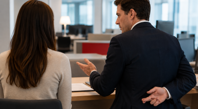 Un conseiller bancaire discute avec une cliente dans une agence moderne tout en cachant des doigts croisés derrière son dos, symbole de manque de transparence.