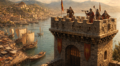 Tour de surveillance médiévale de type mirador avec gardes observant un port commercial sécurisé inspiré de Genève