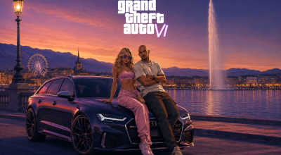 Affiche inspirée de GTA 6 avec une Audi RS6 noire, un homme chauve et une femme assis sur la voiture devant le Jet d'Eau de Genève au coucher du soleil.