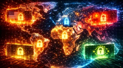 Carte du monde illustrant la fragmentation d’internet en blocs régionaux avec contrôles numériques en Europe, États-Unis, Chine et Afrique