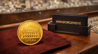 Pièce en or de l’Opéra de Paris exposée sur le comptoir d’un bijoutier avec cartes Mirador Genève, investissement en or physique 2026