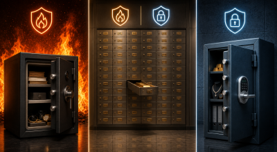 Comparaison entre un coffre-fort ignifuge, une salle des coffres bancaire sécurisée et un coffre-fort anti-effraction.