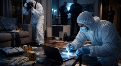 Police scientifique relevant des indices dans un appartement après un enlèvement lié aux cryptomonnaies