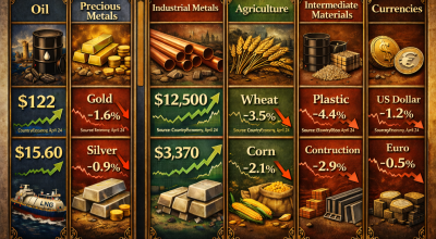 Infographie marché des matières premières 2026 avec pétrole gaz or argent cuivre blé maïs aluminium et variations de prix par catégorie énergie métaux agriculture