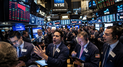 Salle des marchés de Wall Street en pleine activité avec des traders surveillant les écrans boursiers pendant une séance de forte volatilité.