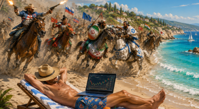 Trader relaxé sur une plage tropicale avec ordinateur affichant les marchés financiers tandis qu'une charge de cavaliers symbolise les risques économiques, géopolitiques et monétaires mondiaux.