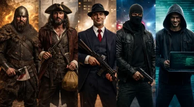 Illustration de l’évolution de la criminalité du Moyen Âge à la cybercriminalité moderne, montrant un bandit de l’an 1000, un pirate du XVe siècle, un gangster du XXe siècle, un criminel masqué des années 2000 et un hacker en 2026 avec arrière-plans historiques et numériques