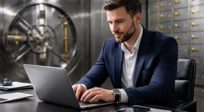 Homme serein travaillant sur ordinateur portable dans une salle des coffres sécurisée à Genève avec environnement professionnel discret