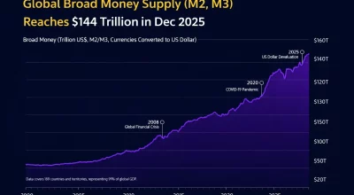 Graphique de la masse monétaire mondiale M2 M3 atteignant 144 trillions de dollars en 2025 avec accélération après 2020