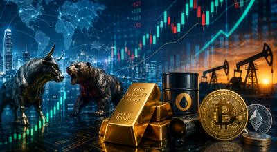 Illustration des marchés financiers mondiaux avec graphiques boursiers, cryptomonnaies, or, pétrole et flux de capitaux internationaux.