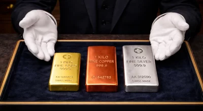 Three 1-kilogram bullion bars of gold, copper, and silver on a luxurious dark blue velvet tray, presented by a jeweler in white gloves and a dark suit, showing the size differences due to metal density.