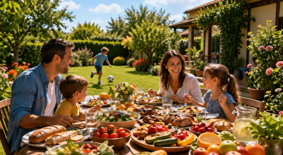 Famille heureuse mangeant un repas sain dans un jardin ensoleillé avec fruits, légumes et viande sur une table colorée