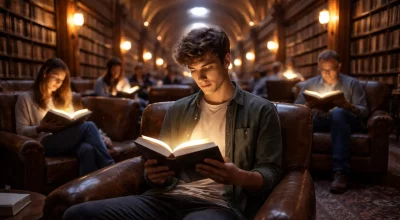 jeunes lecteurs dans une grande bibliothèque lisant des livres de finance et d’économie avec lumière douce sur le visage