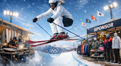 Skieur en plein saut lors des Jeux olympiques d’hiver 2026 à Milan-Cortina, épreuve de ski alpin avec sponsors et montagnes en arrière-plan