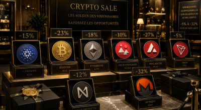 Étalage de luxe présentant plusieurs cryptomonnaies en promotion avec les logos Bitcoin, Ethereum, Cardano, Avalanche, Tron, Near et Monero dans des coffrets haut de gamme affichant des réductions allant de 5 % à 32 %.
