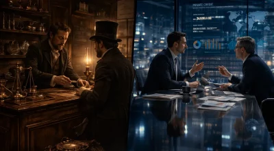 "Cette image illustre l'évolution du crédit privé entre 1810 et 2026. Elle montre comment l'âge et les conditions d'accès au crédit ont changé au fil du temps, mettant en évidence les différences dans les pratiques financières, les taux d'intérêt et l'accessibilité des prêts aux particuliers."