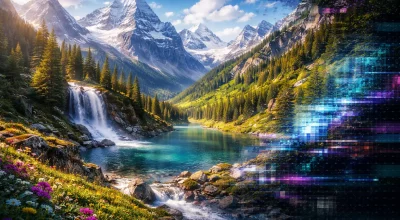 Paysage de montagne enneigée et verdoyante avec cascade sous soleil, partiellement envahi par un glitch numérique sombre représentant l’illusion de l’intelligence artificielle