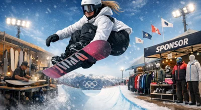 Snowboardeuse en plein saut en halfpipe aux Jeux olympiques d’hiver 2026 avec fabricant de planches et stand sponsor en arrière-plan illustrant l’écosystème économique du sport