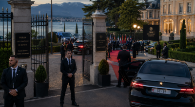 Entrée sécurisée d’un sommet international proche de Genève avec agents de sécurité, voitures officielles et personnalités politiques au bord du lac Léman.