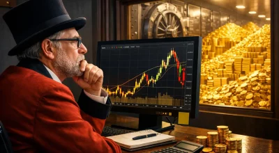 Homme analysant un graphique des prix de l’or sur écran, avec une salle des coffres remplie de pièces d’or visible par la fenêtre, illustrant la volatilité des marchés financiers