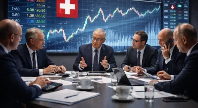 Responsables financiers suisses réunis autour d’une table de réunion analysant des graphiques économiques et des données sur le franc suisse et l’euro affichés sur un grand écran.
