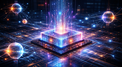 Illustration d’un processeur quantique futuriste avec qubits lumineux représentant la révolution de l’informatique quantique