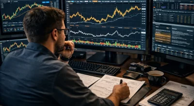 Analyste financier étudiant les graphiques boursiers de l’or et de l’argent sur plusieurs écrans dans un bureau