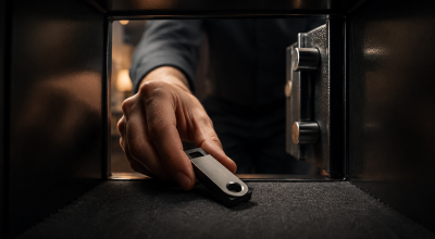 : Une main dépose une clé Ledger dans un coffre-fort pour illustrer le stockage sécurisé des bitcoins