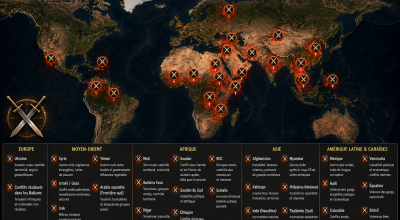 Carte mondiale des conflits actifs en 2026 avec points précis et icônes d’épées sur les zones de guerre majeures