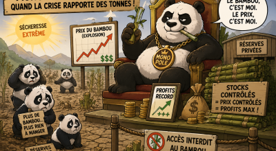 Illustration cartoon d’un panda géant contrôlant le monopole du bambou pendant une sécheresse, tandis que d’autres pandas souffrent de la crise et de la hausse des prix.