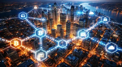 Vue aérienne d’une ville connectée illustrant la finance numérique, la blockchain et les réseaux bancaires en 2026