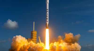 Fusée SpaceX décollant avec une poussée spectaculaire, flammes et nuage de fumée illustrant la puissance technologique et industrielle du groupe d’Elon Musk.