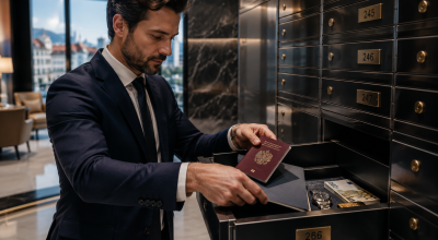 Client déposant un passeport, des documents confidentiels, des espèces et une montre de luxe dans un coffre-fort sécurisé à Genève.