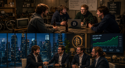 Groupe de passionnés de Bitcoin discutant dans un garage en 2015 puis devenus entrepreneurs et investisseurs à succès dans un bureau moderne en 2025.