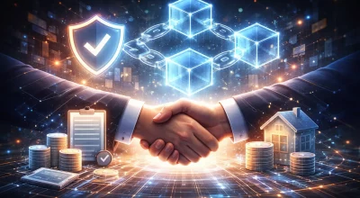 Illustration futuriste représentant la blockchain appliquée à l’assurance avec smart contracts et réseau décentralisé