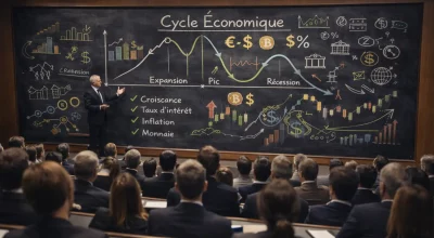 Expert financier expliquant les cycles économiques devant un grand tableau noir rempli de schémas macroéconomiques, devant une assemblée attentive