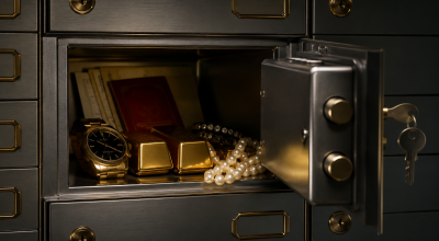 Coffre-fort privé sécurisé contenant des lingots d'or, une montre de luxe, des bijoux et des documents dans une chambre forte à Genève.