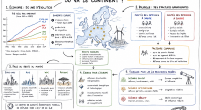 Illustration en croquis de l’Europe montrant son évolution économique, ses tensions politiques et sa position face aux États-Unis, à l’Asie, à l’Inde et à l’Afrique sur les 50 dernières années