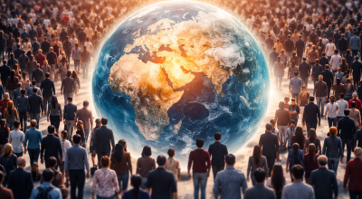 population mondiale se déplaçant autour d'un globe illustrant le basculement démographique mondial